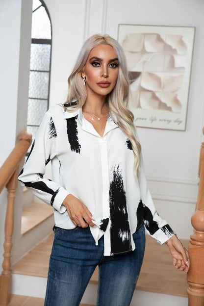 Button Down Printed Long Sleeve Shirt - Premium Women's Down Shirt Tops from Trendsi - Just $20.78! Shop now at Handbags Specialist Headquarter