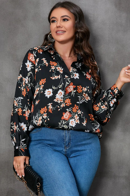 Plus Size Printed Johnny Collar Long Sleeve Blouse - Premium Plus Size Shirts from Trendsi - Just $29! Shop now at Handbags Specialist Headquarter