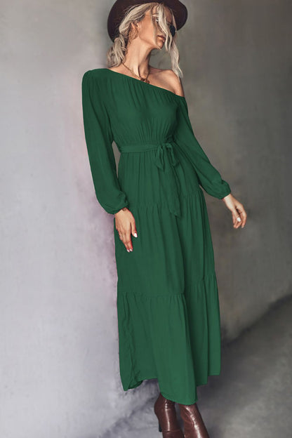 Belted One-Shoulder Tiered Maxi Dress - Premium Maxi Dress from Trendsi - Just $33.99! Shop now at Handbags Specialist Headquarter