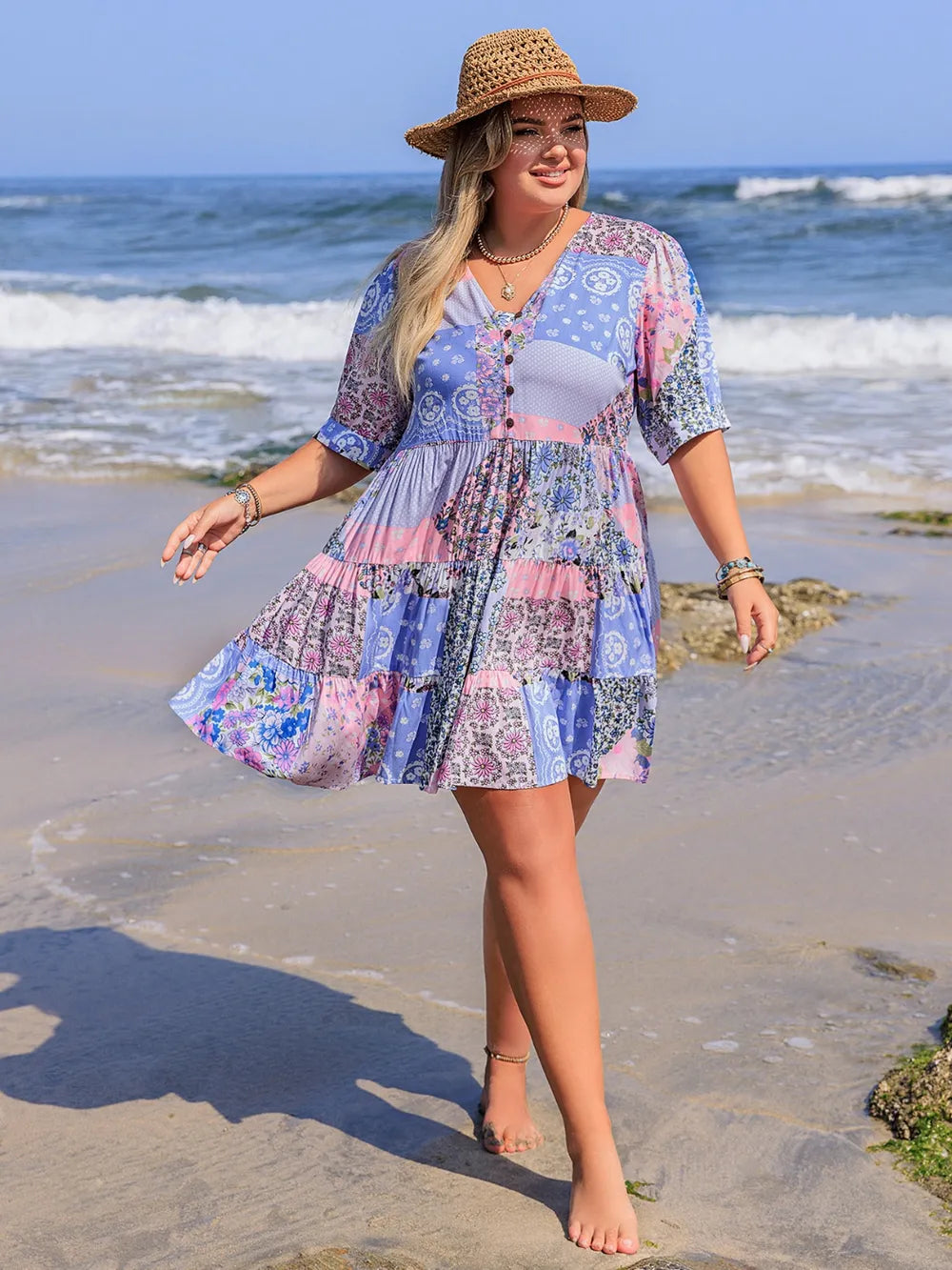 Plus Size Printed V-Neck Tiered Mini Dress - Premium Dresses from Trendsi - Just $33.99! Shop now at Handbags Specialist Headquarter