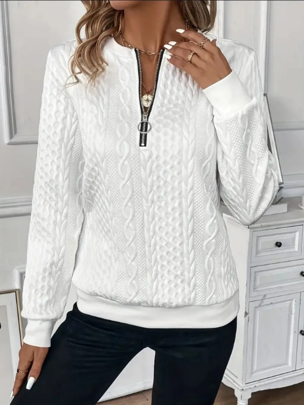 Texture Half Zip Long Sleeve Sweatshirt - Premium Tops from Trendsi - Just $22.16! Shop now at Handbags Specialist Headquarter