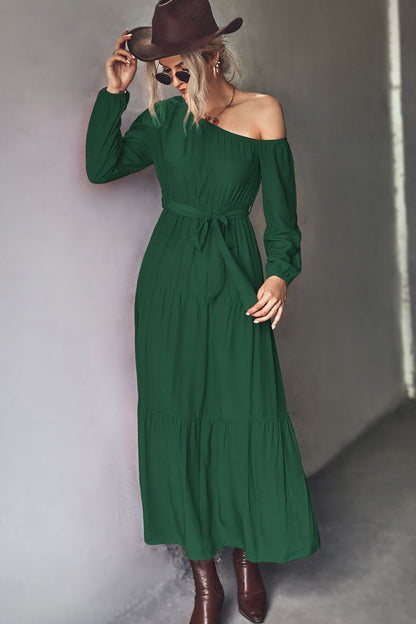Belted One-Shoulder Tiered Maxi Dress - Premium Maxi Dress from Trendsi - Just $33.99! Shop now at Handbags Specialist Headquarter