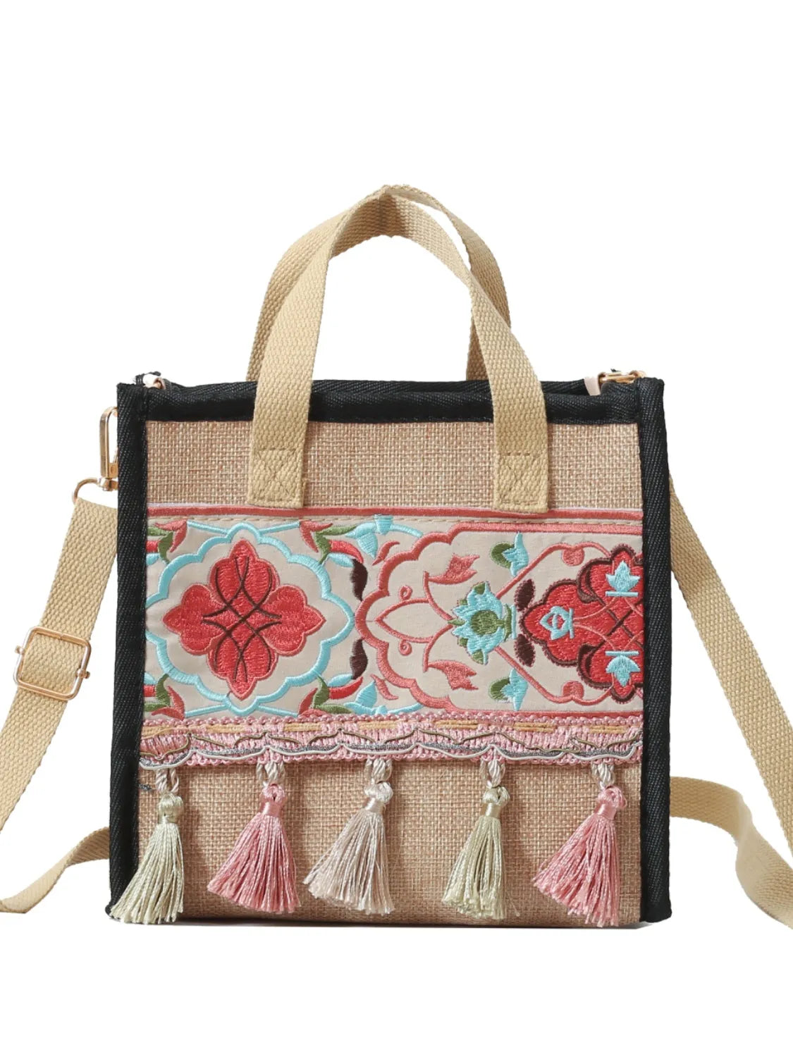 Vintage Embroidered Tassel Handbag with Canvas Strap - Premium handbags from Trendsi - Just $18.99! Shop now at Handbags Specialist Headquarter