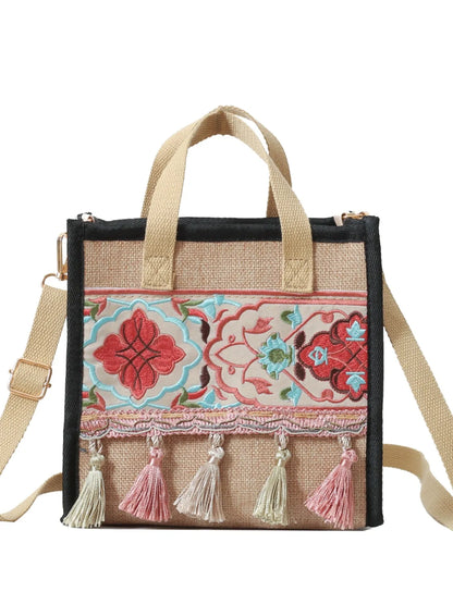 Vintage Embroidered Tassel Handbag with Canvas Strap - Premium handbags from Trendsi - Just $18.99! Shop now at Handbags Specialist Headquarter