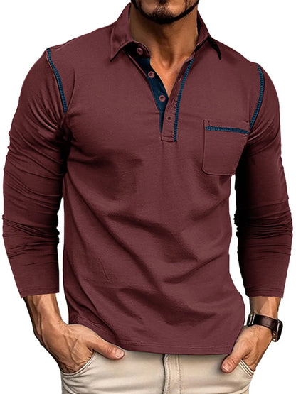 Men's Long Sleeve Polo Shirt with Contrast Stitching - Premium Men's Polo shirt from Trendsi - Just $39.99! Shop now at Handbags Specialist Headquarter