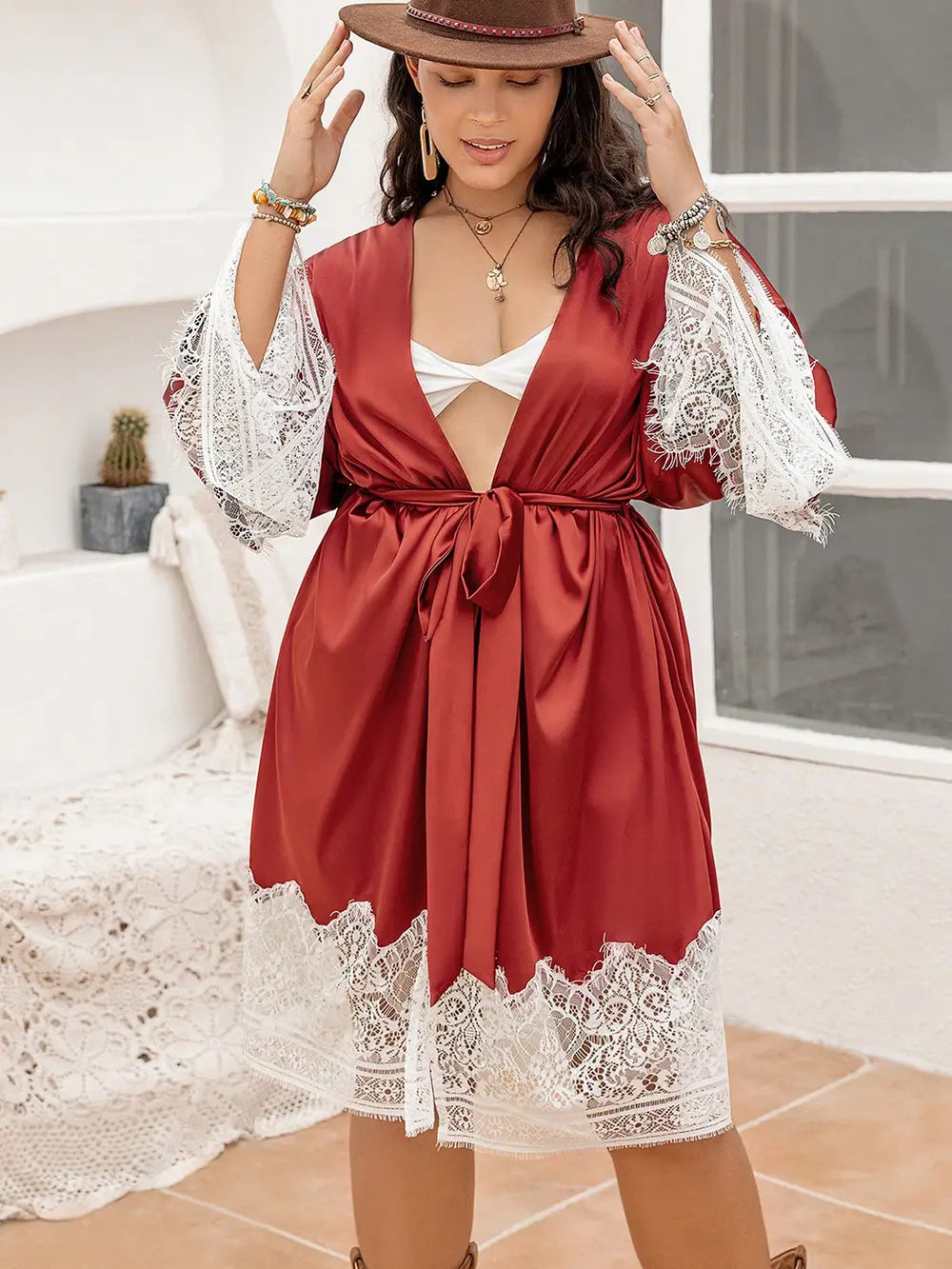 Plus Size Lace Patchwork Tie Front Robe - Premium Sleepwear from Trendsi - Just $32! Shop now at Handbags Specialist Headquarter
