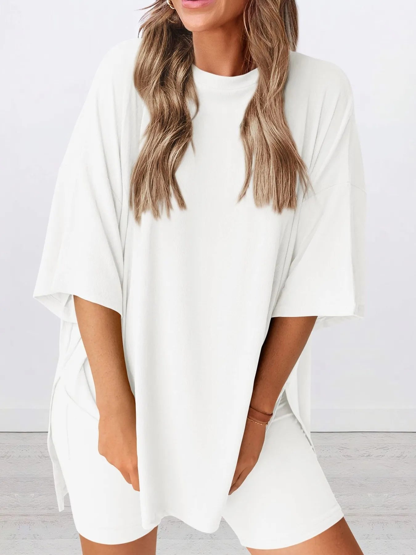 Full Size Oversized Slit Round Neck Top and Shorts Lounge Set Plus Size - Premium Sleepwear from Trendsi - Just $28.99! Shop now at Handbags Specialist Headquarter
