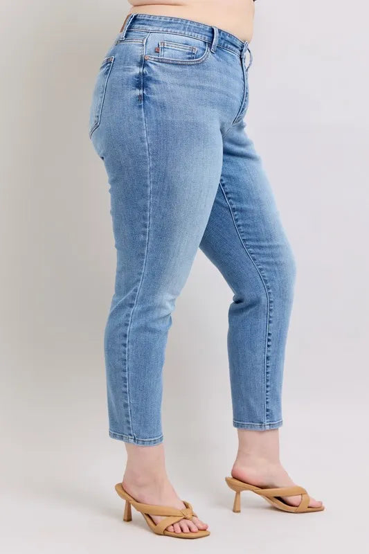 Judy Blue Full Size Mid Rise Vintage Wash Slim Jeans with Cell Phone Pocket Plus Size - Premium Women / Jeans & Denim from Trendsi - Just $60.99! Shop now at Handbags Specialist Headquarter