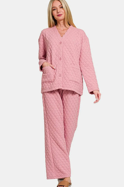 Zenana Quilted Button Up Long Sleeve Top and Pants Lounge Set - Premium Sleepwear from Trendsi - Just $46.99! Shop now at Handbags Specialist Headquarter