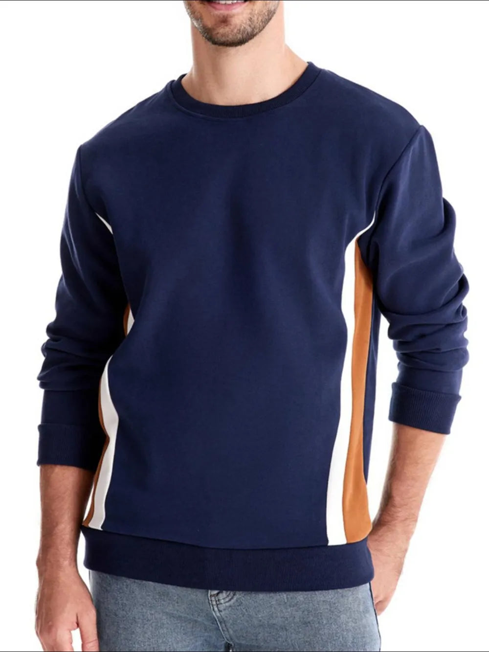 Men's Side Striped Contrast Round Neck Sweatshirt - Premium Men's Sweatshirts from Trendsi - Just $36.54! Shop now at Handbags Specialist Headquarter