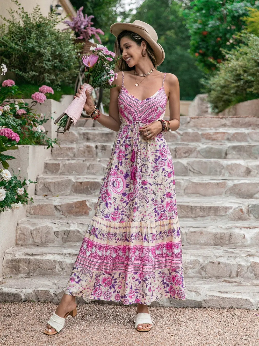 Tassel Printed V-Neck Maxi Dress - Premium Maxi Dress from Trendsi - Just $35.99! Shop now at Handbags Specialist Headquarter