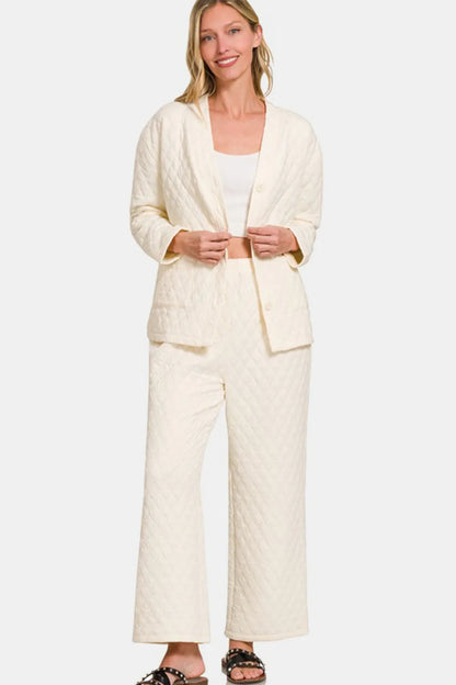 Zenana Quilted Button Up Long Sleeve Top and Pants Lounge Set - Premium Sleepwear from Trendsi - Just $46.99! Shop now at Handbags Specialist Headquarter