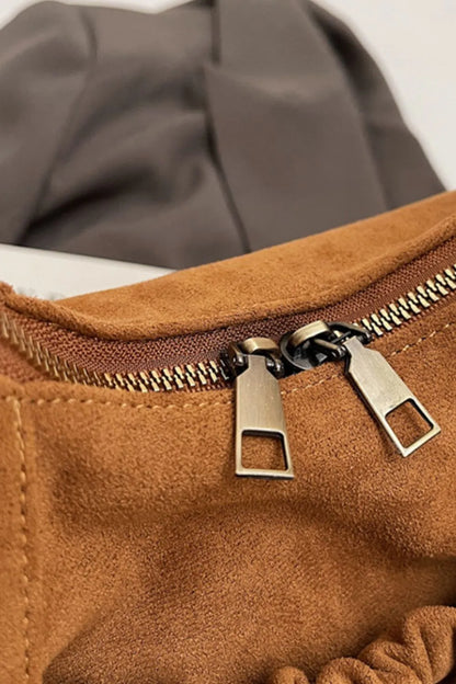 Ruched Suede Handbag with Zipper - Premium Tote Bag from Trendsi - Just $44.99! Shop now at Handbags Specialist Headquarter