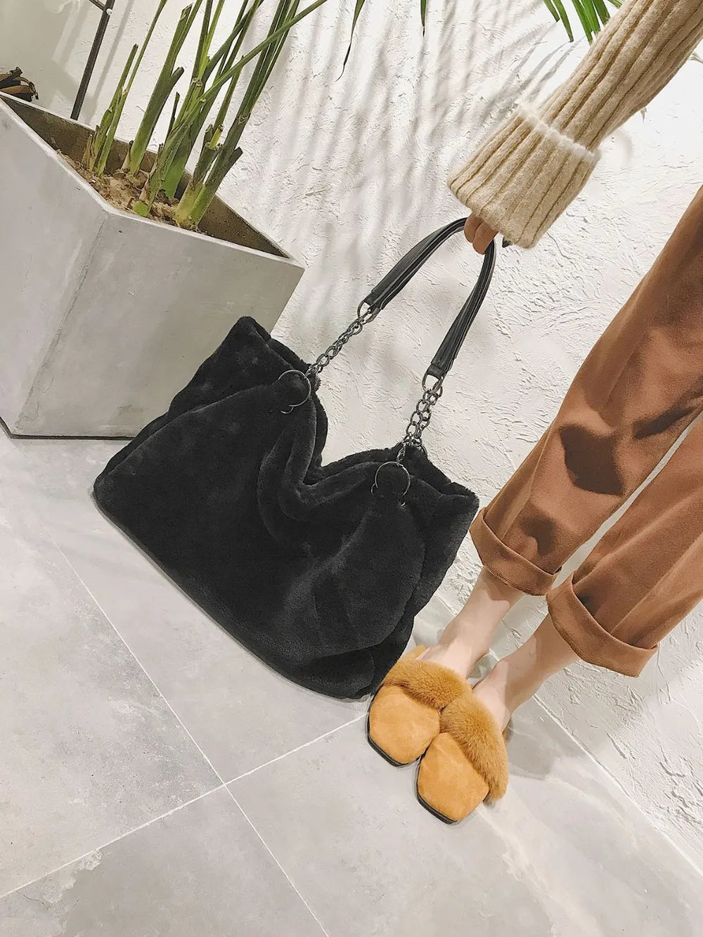 Faux Fur Solid Color Tote Bag - Premium Tote Bag from Trendsi - Just $39.99! Shop now at Handbags Specialist Headquarter