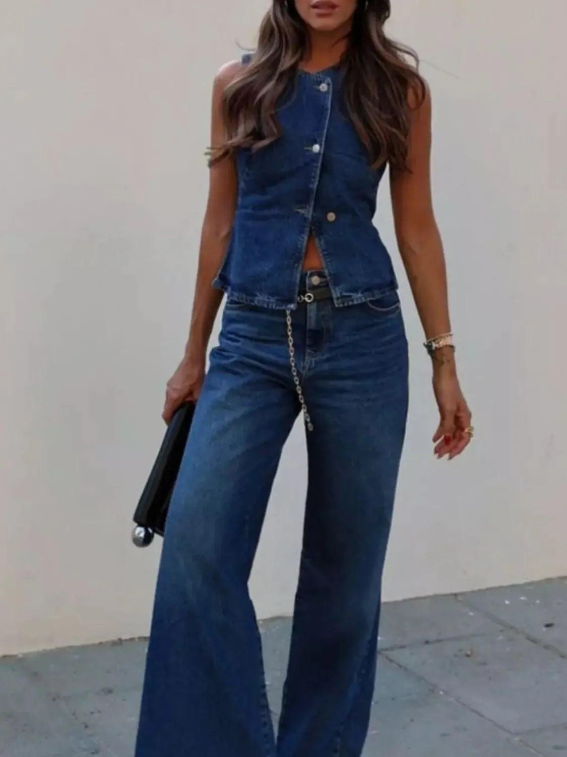 Button Down Vest and Flare Jeans Denim Set - Premium Women / Jeans & Denim from Trendsi - Just $71.50! Shop now at Handbags Specialist Headquarter