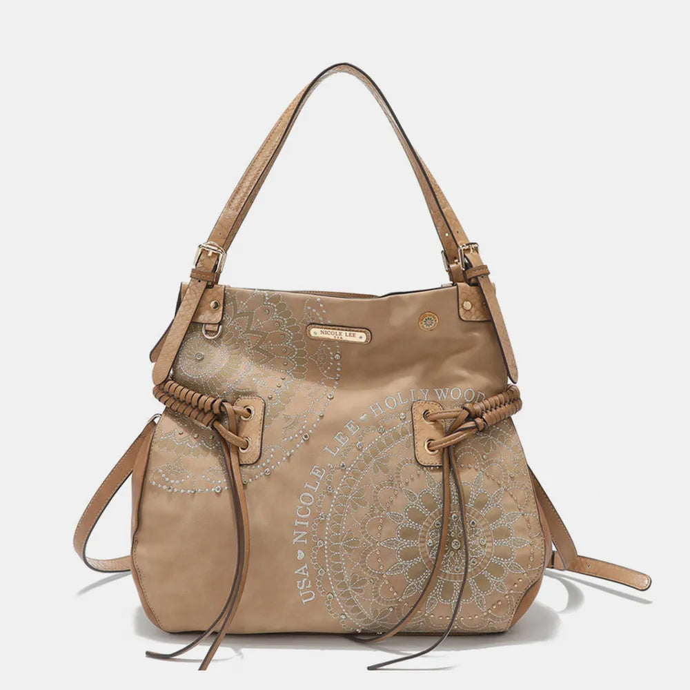 Nicole Lee USA Side Braided Tassel Inlaid Rhinestone Embroidery Hobo Bag - Premium Tote Bag from Trendsi - Just $70.99! Shop now at Handbags Specialist Headquarter