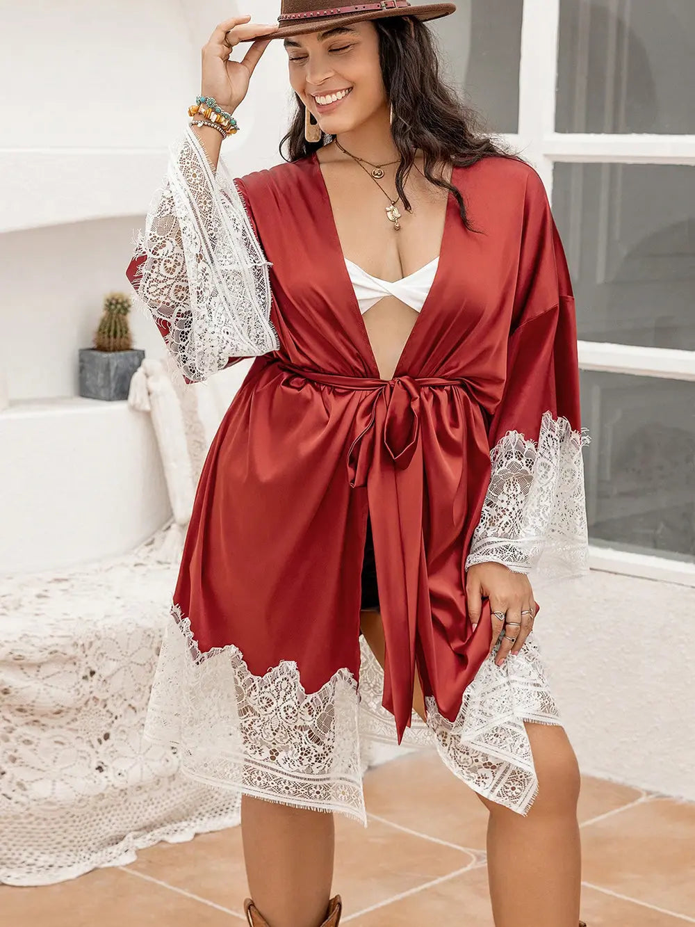 Plus Size Lace Patchwork Tie Front Robe - Premium Sleepwear from Trendsi - Just $32! Shop now at Handbags Specialist Headquarter