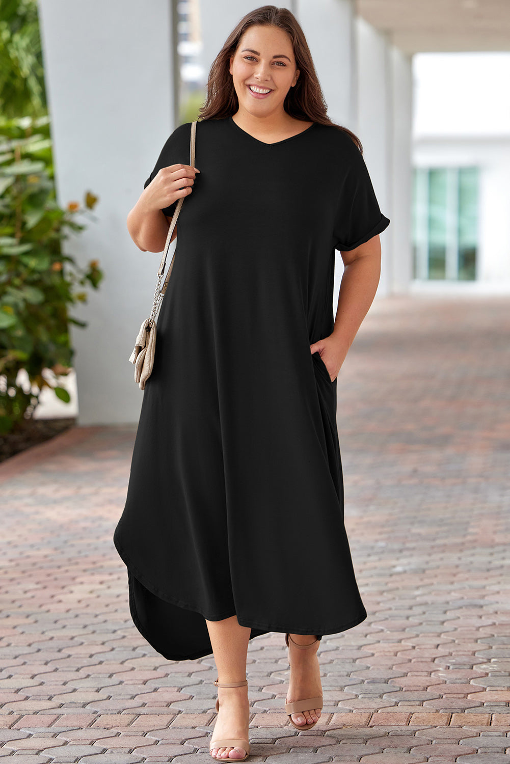 Plus Size V-Neck Short Sleeve Maxi Dress - Premium Dresses from Trendsi - Just $51.99! Shop now at Handbags Specialist Headquarter