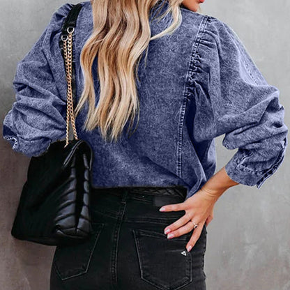 Collared Neck Buttoned Denim Shirt - Premium Women / Jeans & Denim from Trendsi - Just $34! Shop now at Handbags Specialist Headquarter