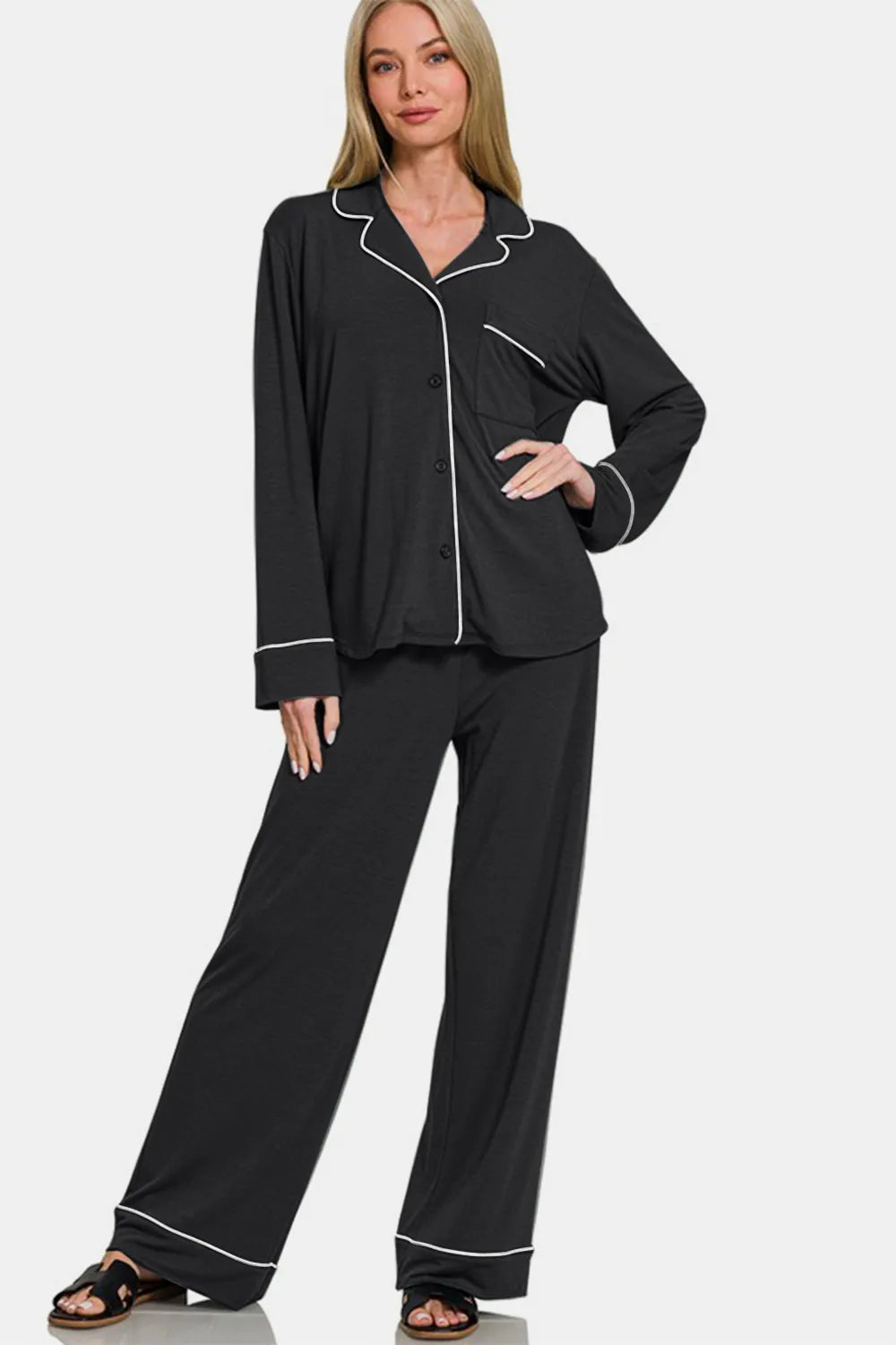 Zenana Button Down Long Sleeve Top and Pants Lounge Set - Premium Sleepwear from Trendsi - Just $46.99! Shop now at Handbags Specialist Headquarter