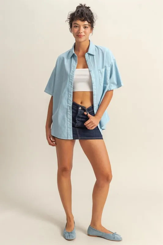 HYFVE Short Sleeve Button Down Oversized Shirt - Premium Women's Down Shirt Tops from Trendsi - Just $34.34! Shop now at Handbags Specialist Headquarter