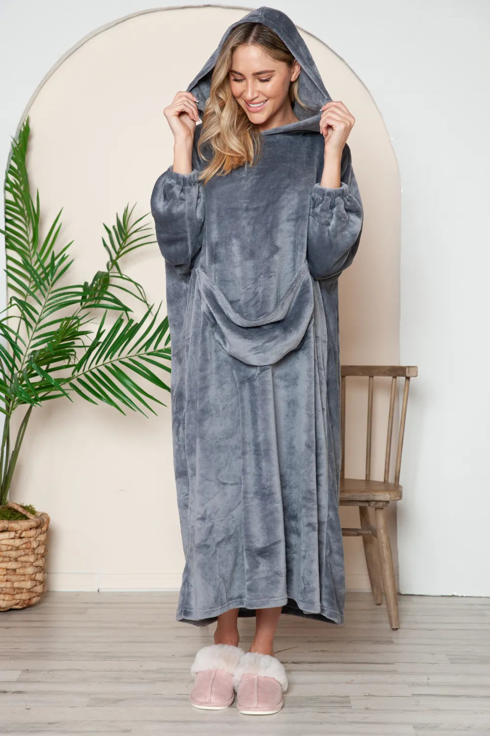 Double Take Full Size Pocketed Hooded Midi Lounge Dress - Premium Sleepwear from Trendsi - Just $44.66! Shop now at Handbags Specialist Headquarter