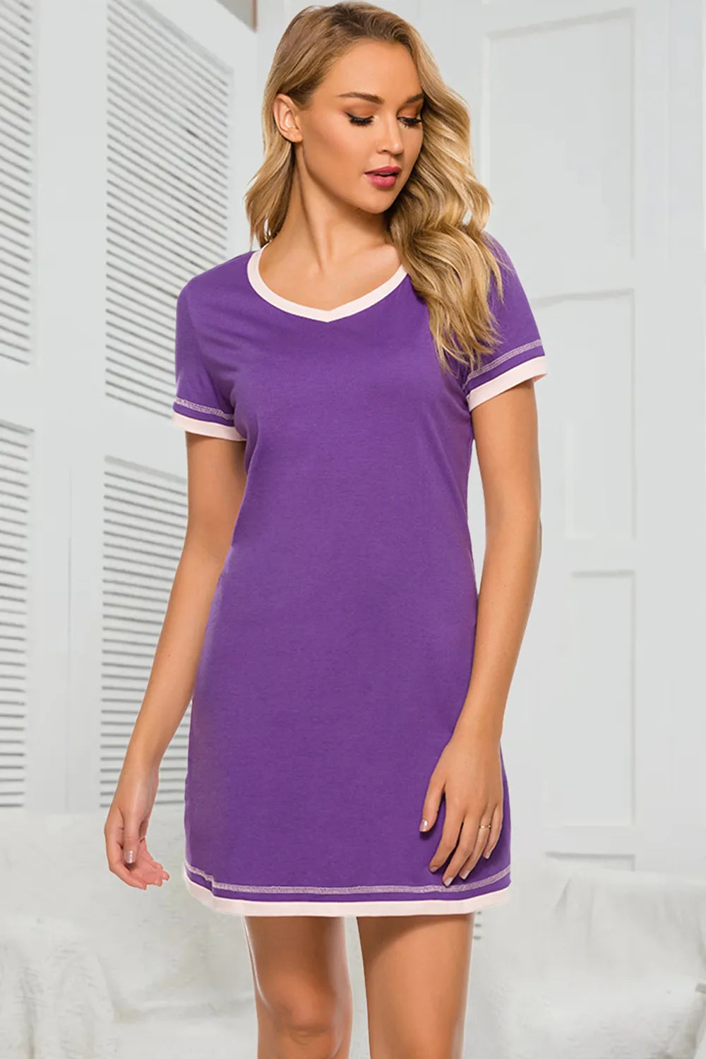 Contrast Trim Short Sleeve Lounge Dress - Premium Sleepwear from Trendsi - Just $26! Shop now at Handbags Specialist Headquarter