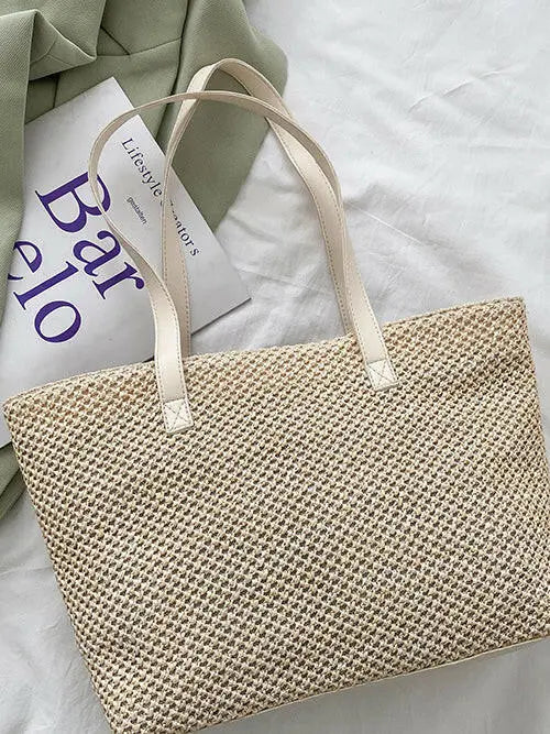 Solid Color Woven Tote Bag - Premium Tote Bag from Trendsi - Just $35.99! Shop now at Handbags Specialist Headquarter