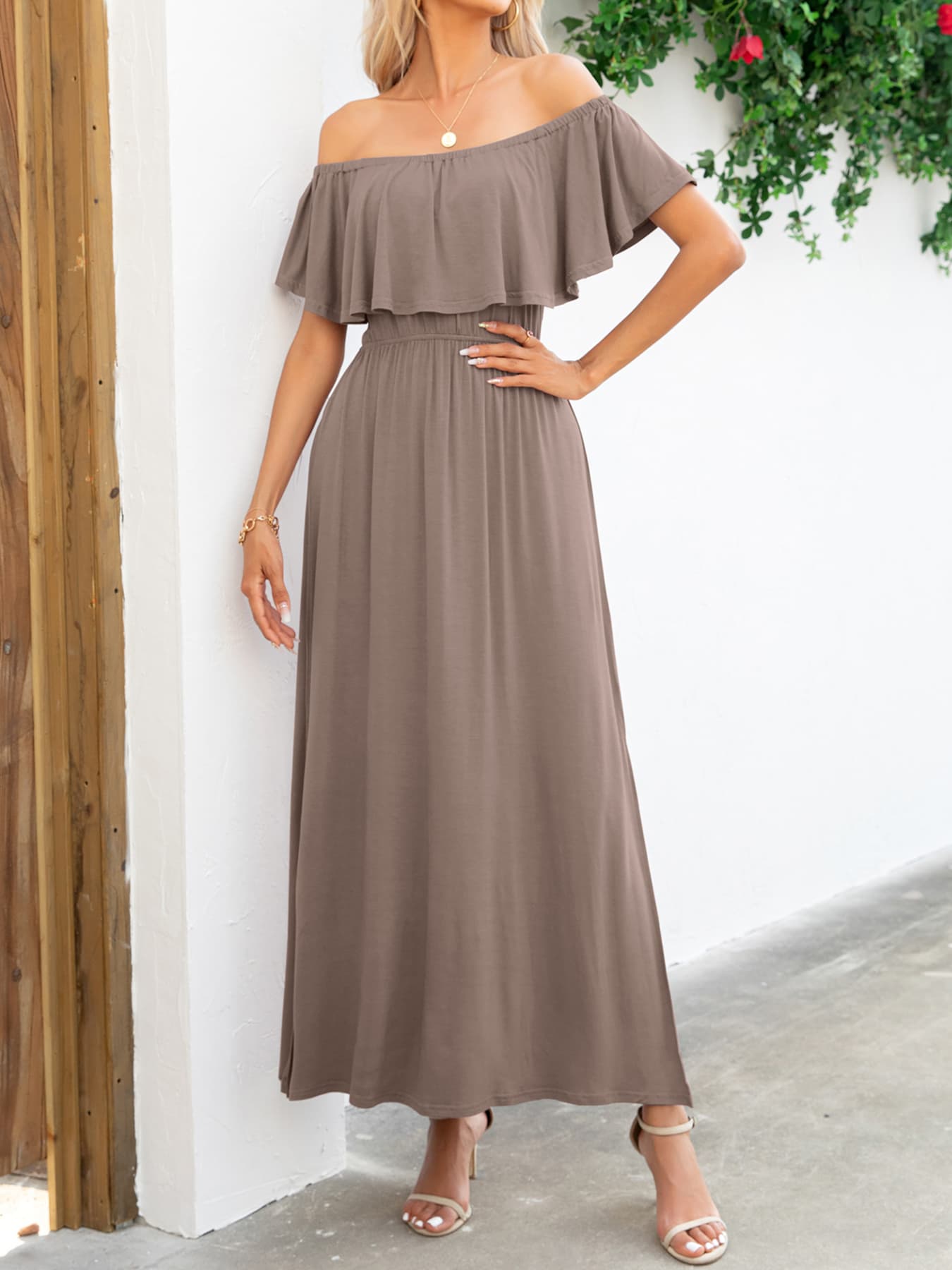 Off-Shoulder Slit Maxi Dress - Premium Maxi Dress from Trendsi - Just $49.99! Shop now at Handbags Specialist Headquarter