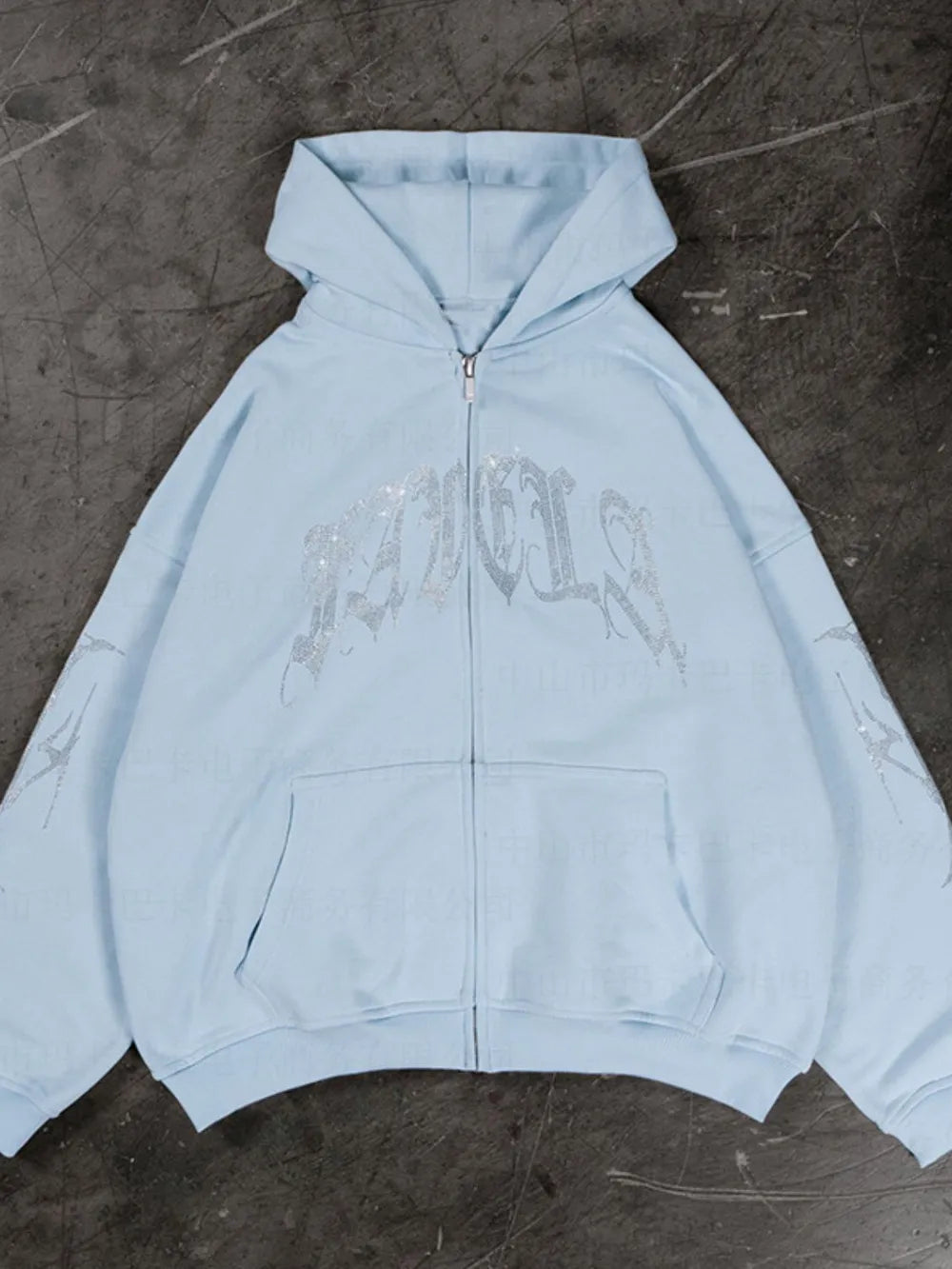 Men's Rhinestone Letter Zip Up Long Sleeve Hoodie - Premium Men's Sweatshirts from Trendsi - Just $31.02! Shop now at Handbags Specialist Headquarter