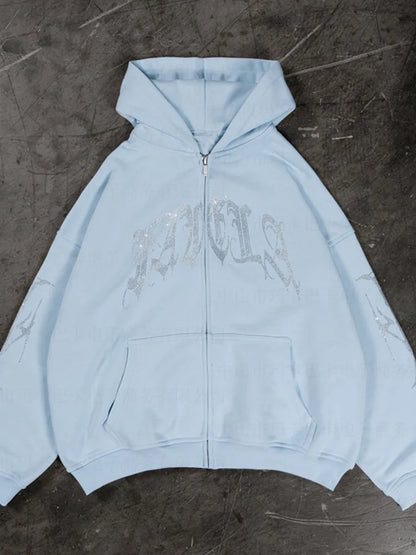 Men's Rhinestone Letter Zip Up Long Sleeve Hoodie - Premium Men's Sweatshirts from Trendsi - Just $31.02! Shop now at Handbags Specialist Headquarter