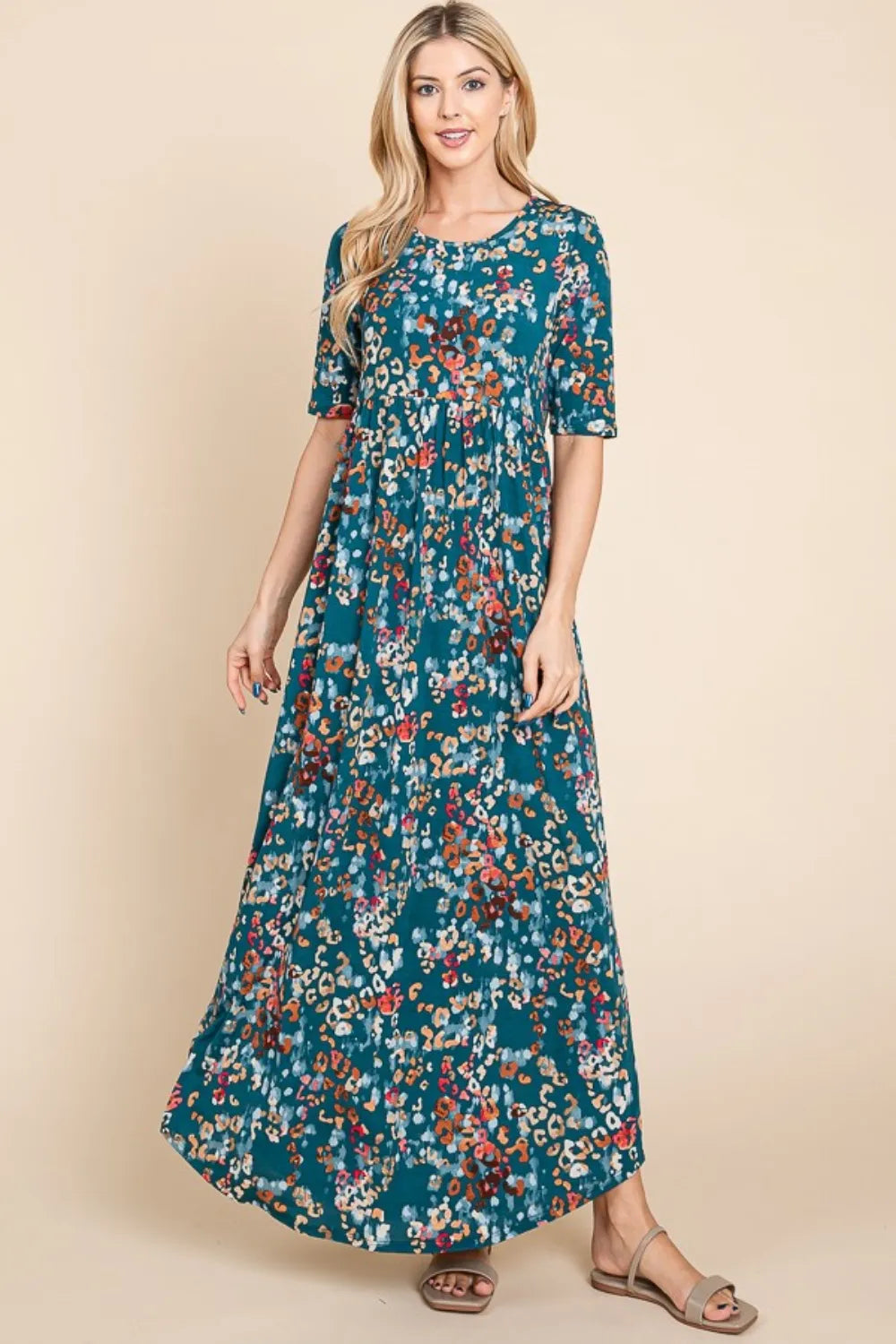 BOMBOM Printed Shirred Maxi Dress - Premium Maxi Dress from Trendsi - Just $51.99! Shop now at Handbags Specialist Headquarter