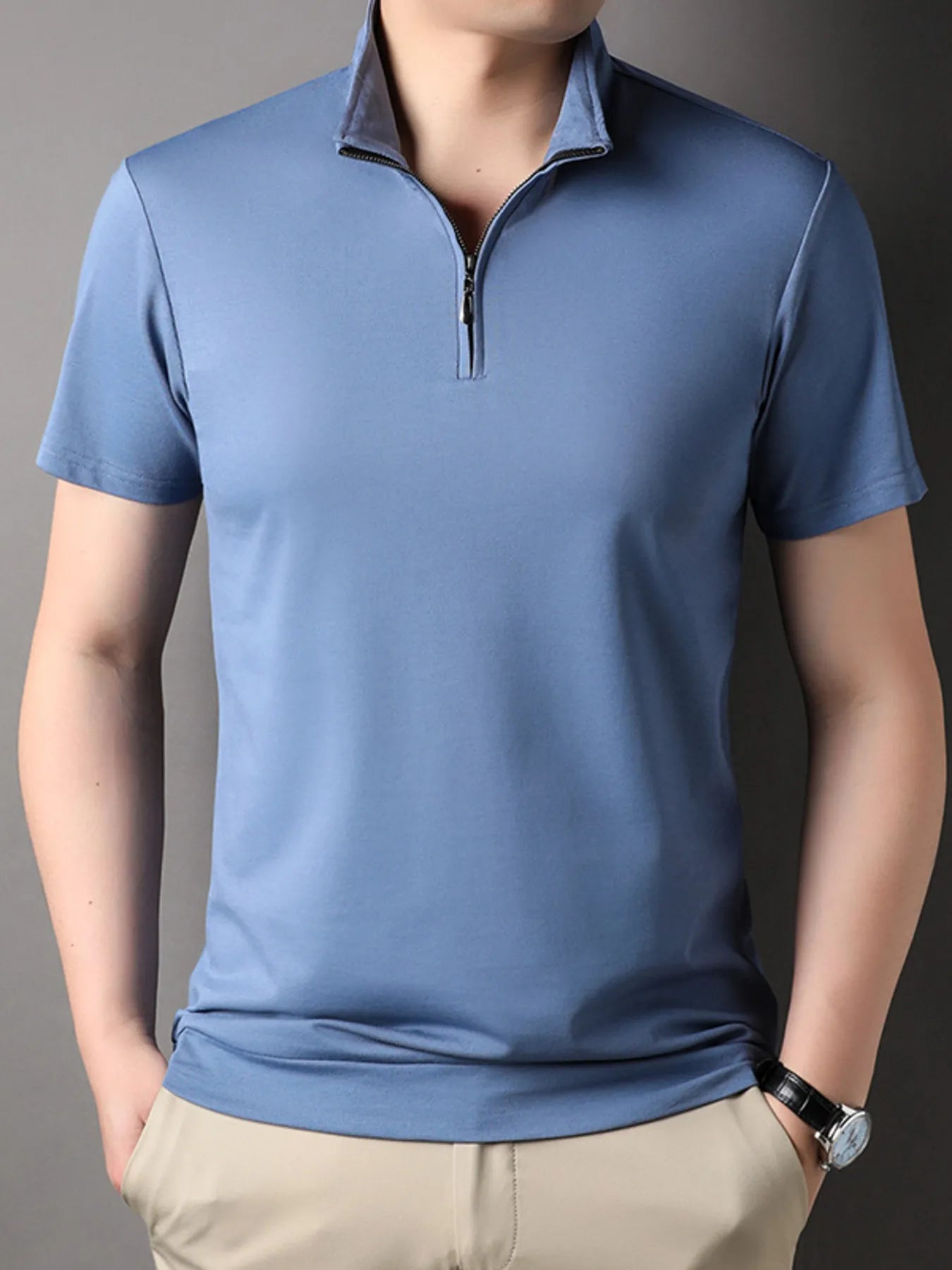 Men's Plus Size Zip Collar Short Sleeve Polo Shirt - Premium Men's Polo shirt from Trendsi - Just $46.99! Shop now at Handbags Specialist Headquarter