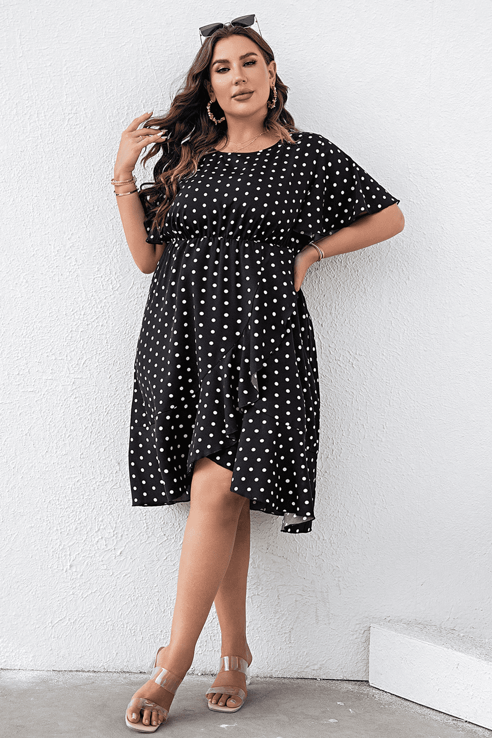 Plus Size Polka Dot Flutter Sleeve Dress - Premium Dresses from Trendsi - Just $46.99! Shop now at Handbags Specialist Headquarter