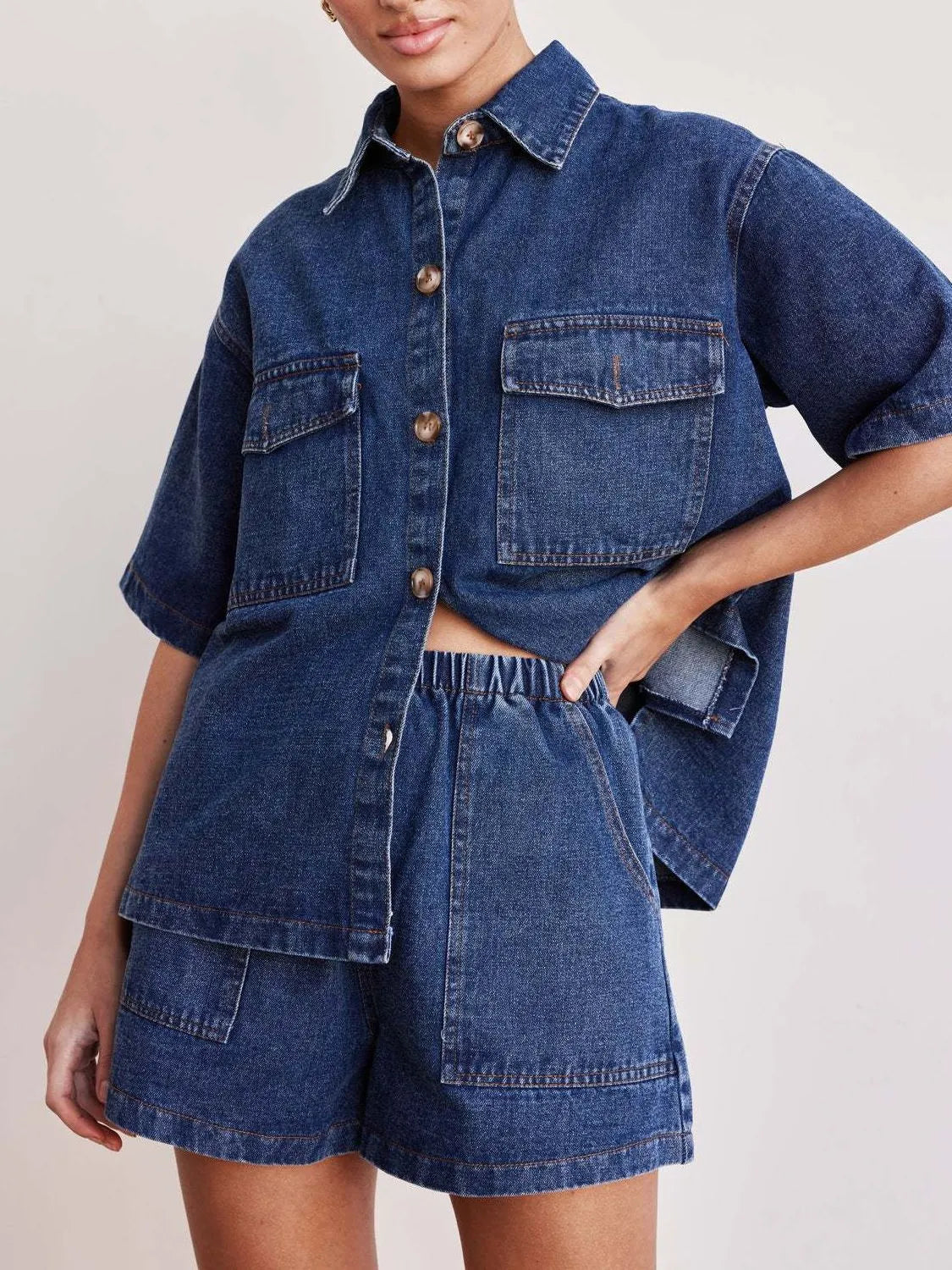 Button Up Short Sleeve Top and Shorts Denim Set - Premium Women / Jeans & Denim from Trendsi - Just $66.70! Shop now at Handbags Specialist Headquarter