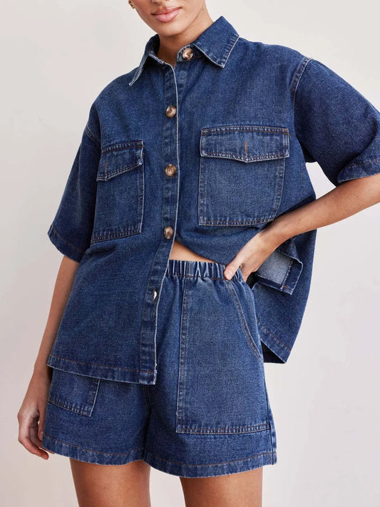 Button Up Short Sleeve Top and Shorts Denim Set - Premium Women / Jeans & Denim from Trendsi - Just $66.70! Shop now at Handbags Specialist Headquarter