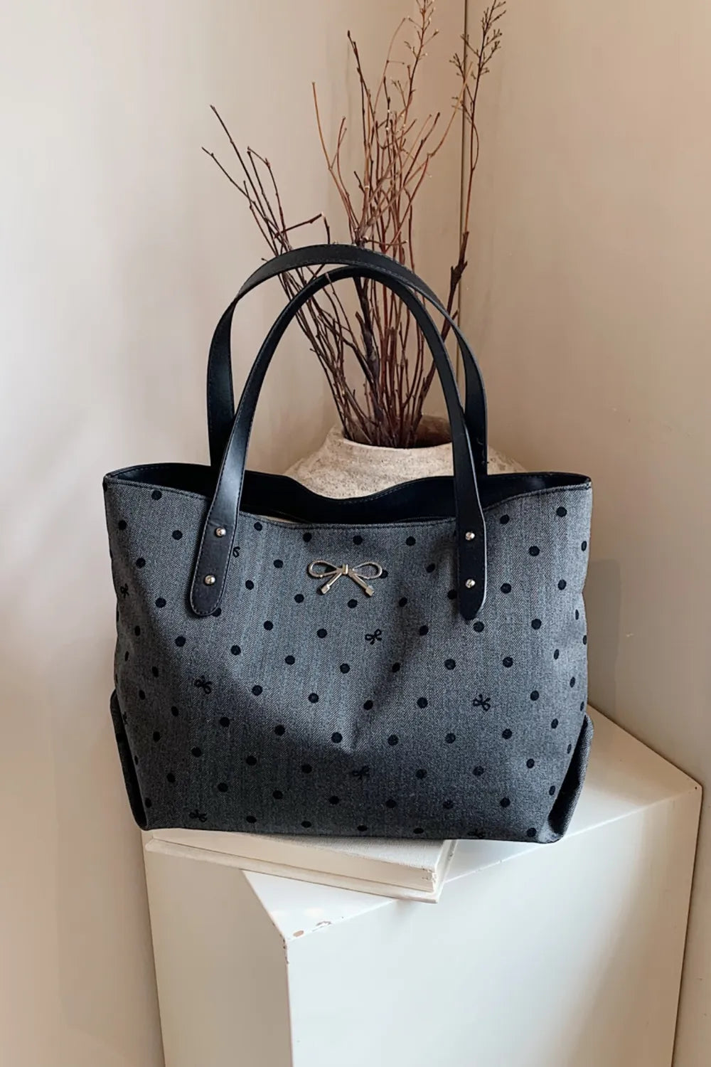 Polyester Bow Polka Dot Tote Bag - Premium Tote Bag from Trendsi - Just $39.99! Shop now at Handbags Specialist Headquarter