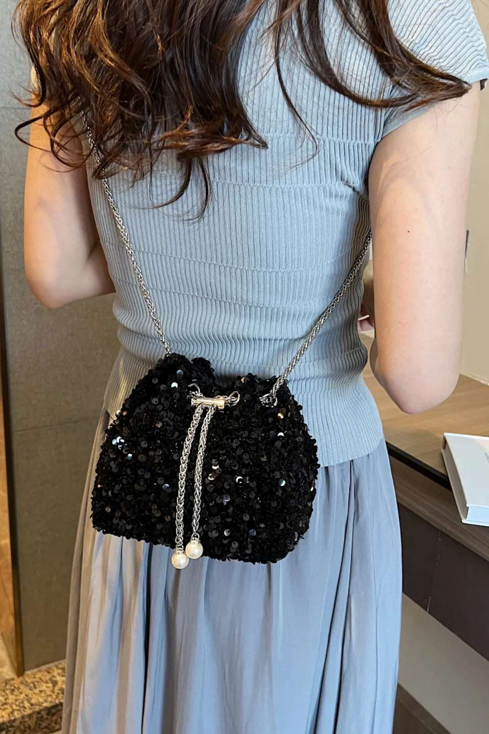 Sequin Chain Drawstring Bucket Bag - Premium Crossbody Bag from Trendsi - Just $21.99! Shop now at Handbags Specialist Headquarter
