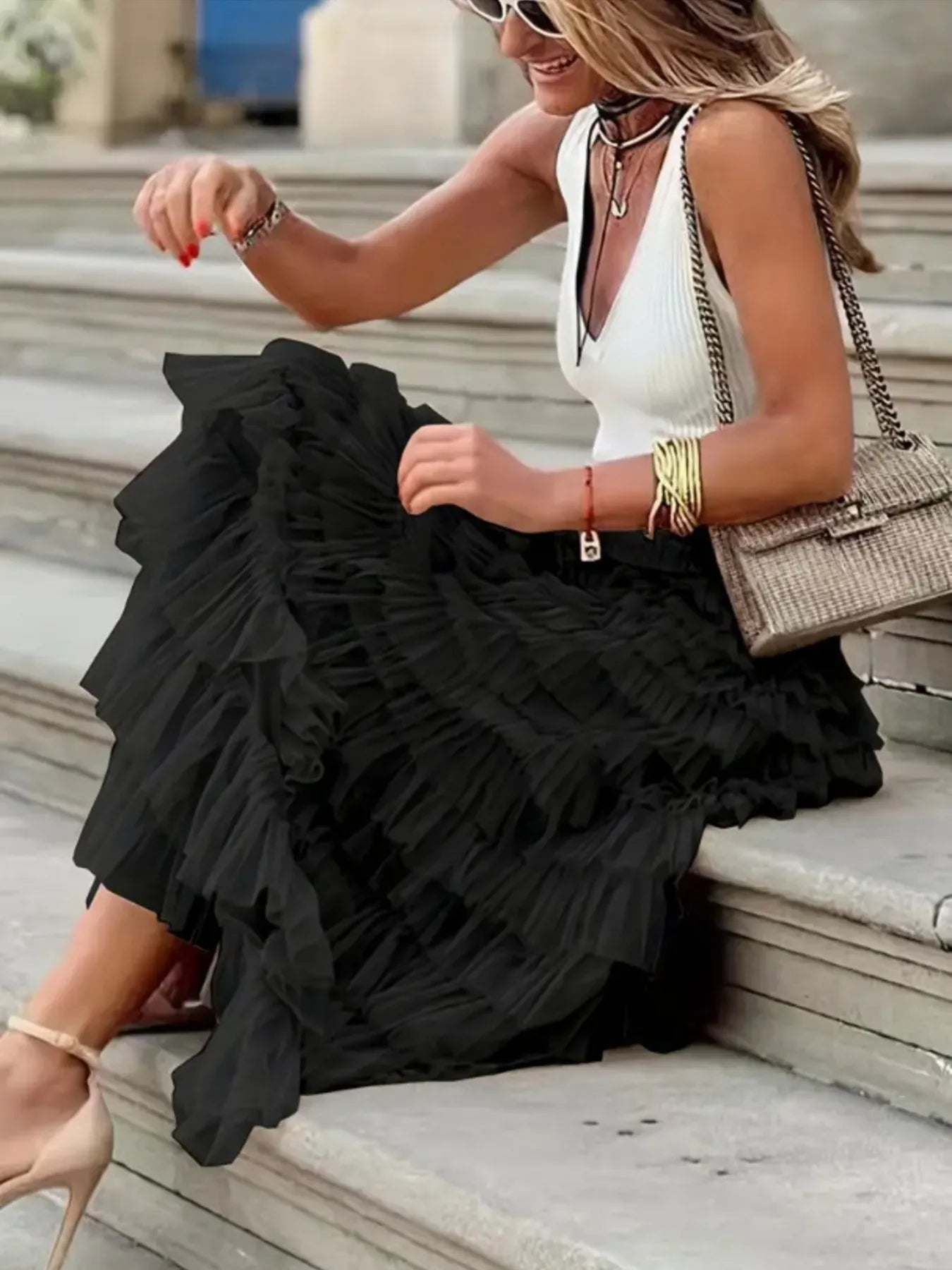Layered Ruffle Maxi Skirt - Premium Skirts from Trendsi - Just $38.99! Shop now at Handbags Specialist Headquarter