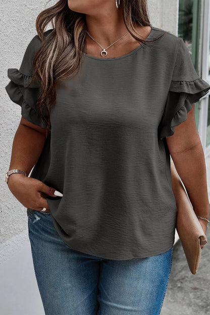 Plus Size Ruffled Round Neck Short Sleeve Blouse - Premium Plus Size Shirts from Trendsi - Just $20! Shop now at Handbags Specialist Headquarter