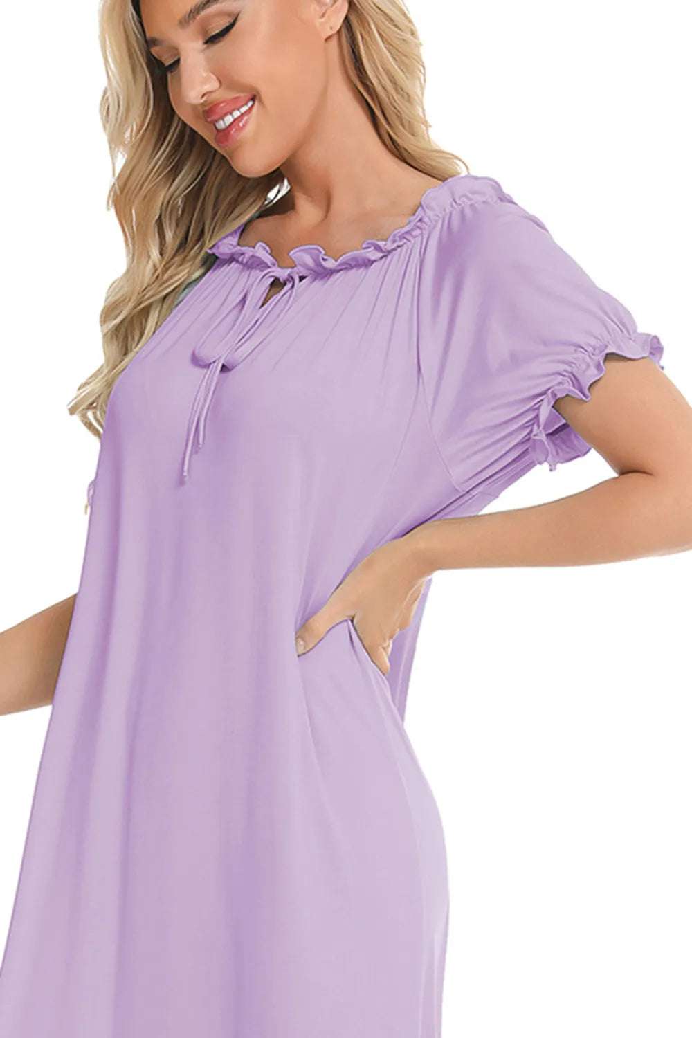 Lace Detail Short Sleeve Lounge Dress - Premium Sleepwear from Trendsi - Just $29! Shop now at Handbags Specialist Headquarter