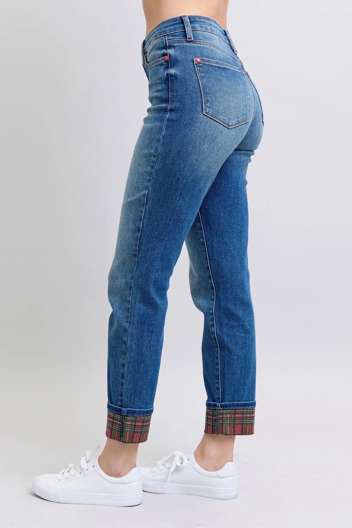 Judy Blue Full Size Mr Plaid Print Cuff Bf Jeans Plus Size - Premium Women / Jeans & Denim from Trendsi - Just $66.99! Shop now at Handbags Specialist Headquarter