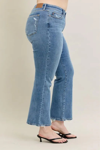 Judy Blue Full Size Mid Rise Wash Destroy Hem Bootcut Jeans Plus Size - Premium Women / Jeans & Denim from Trendsi - Just $66.99! Shop now at Handbags Specialist Headquarter