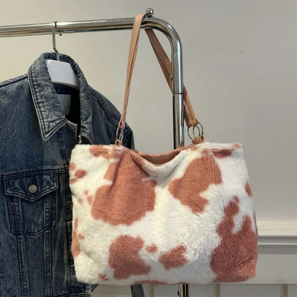 Cow Print Furry Tote Bag - Premium Tote Bag from Trendsi - Just $39.99! Shop now at Handbags Specialist Headquarter