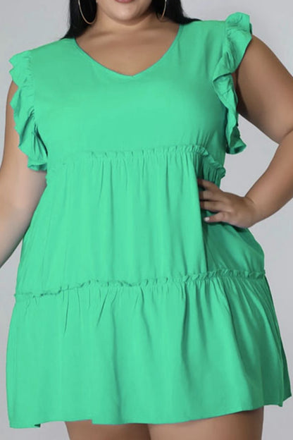 Plus Size V-Neck Frill Trim Mini Dress - Premium Dresses from Trendsi - Just $36.99! Shop now at Handbags Specialist Headquarter