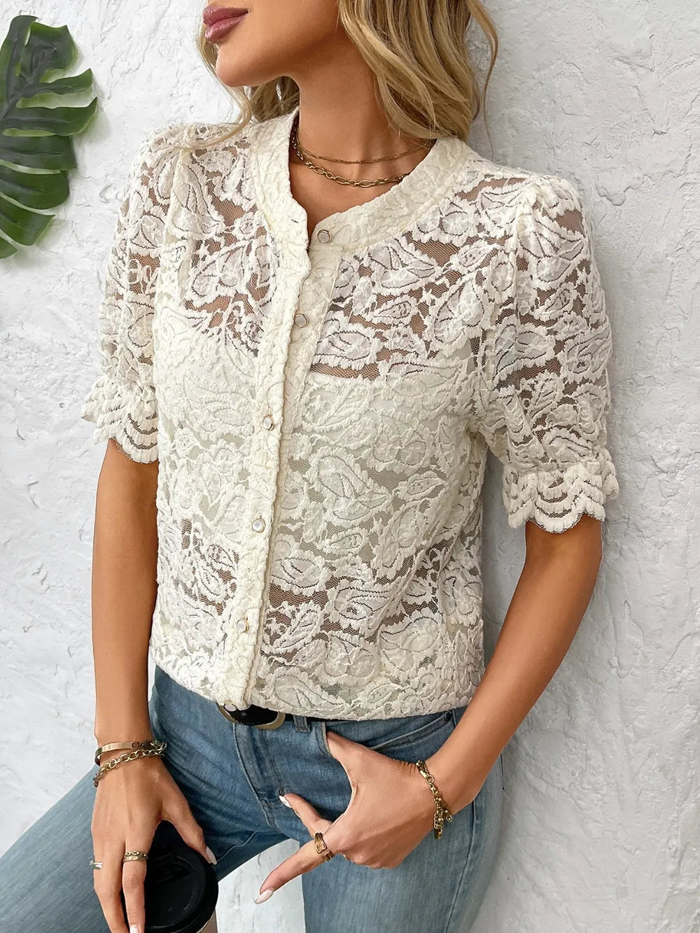 Button Down Half Sleeve Lace Shirt - Premium Women's Down Shirt Tops from Trendsi - Just $27.74! Shop now at Handbags Specialist Headquarter