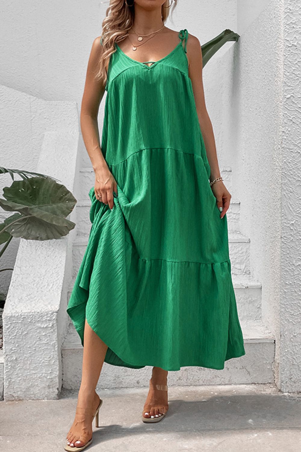 Perfee Tie-Shoulder Tiered Maxi Dress - Premium Maxi Dress from Trendsi - Just $42.99! Shop now at Handbags Specialist Headquarter