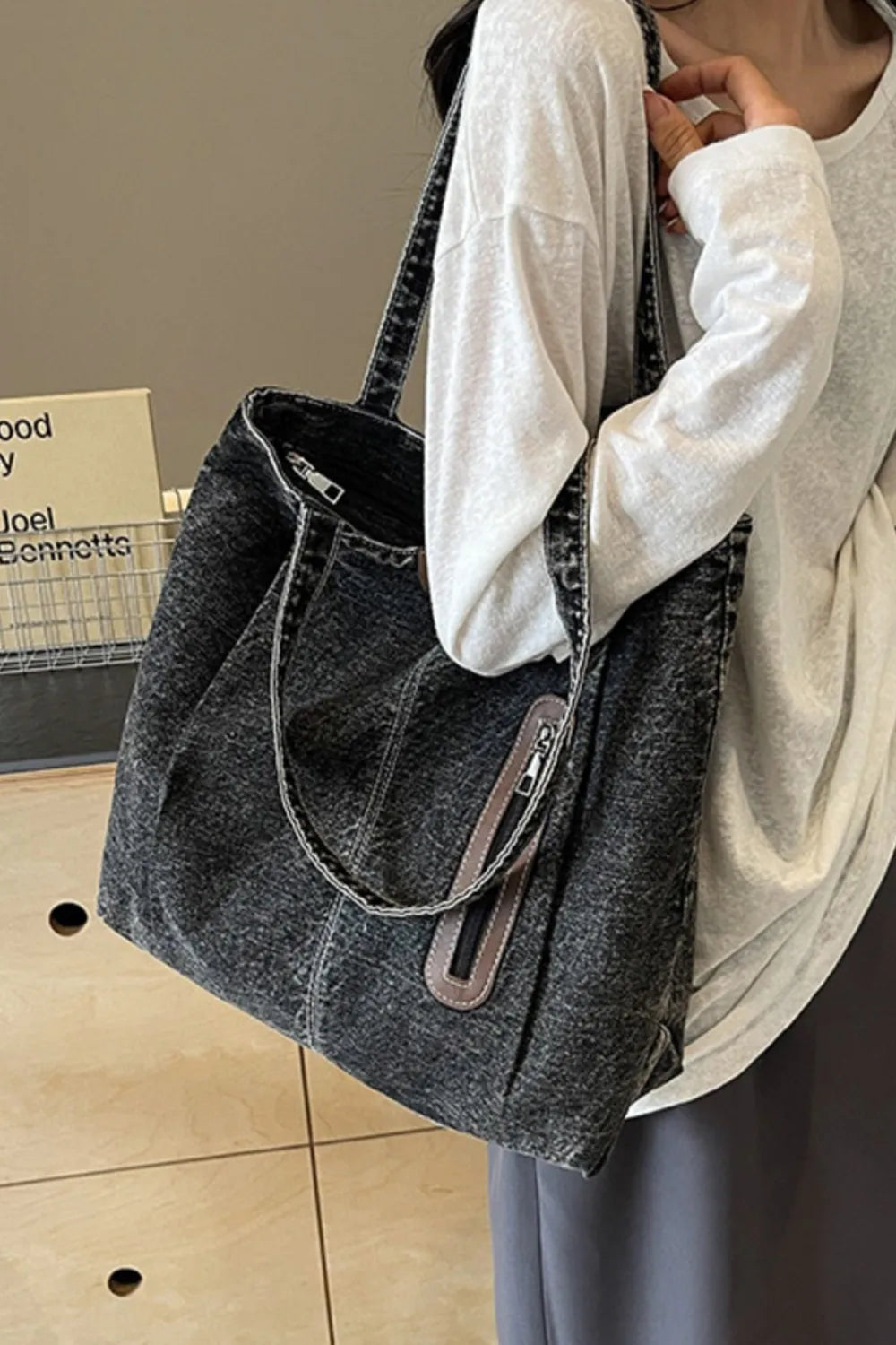 Medium Denim Tote Bag - Premium Tote Bag from Trendsi - Just $32.99! Shop now at Handbags Specialist Headquarter