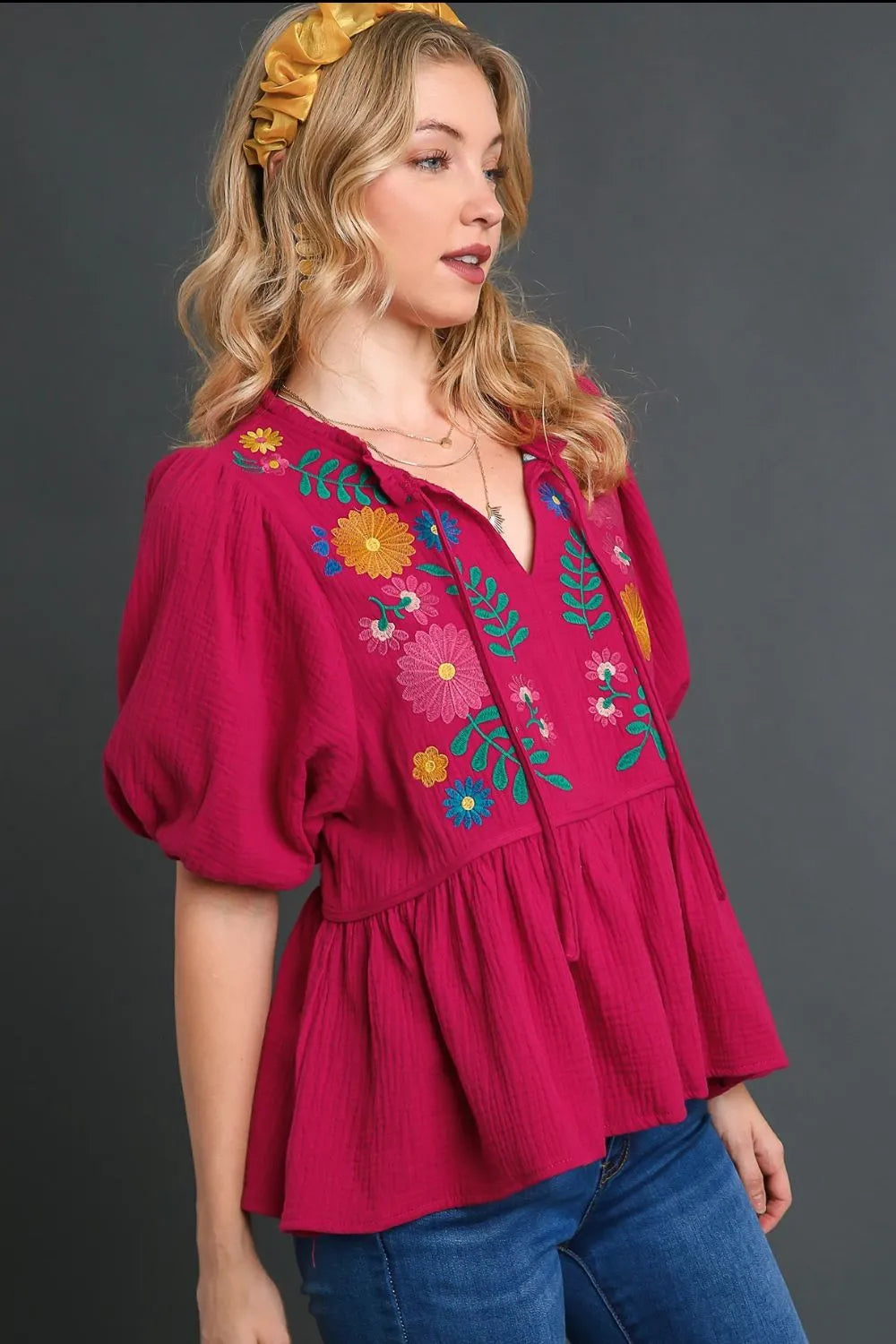Umgee Full Size Cotton Gauze Floral Embroidery Babydoll Blouse Plus Size - Premium Dresses from Trendsi - Just $55.99! Shop now at Handbags Specialist Headquarter