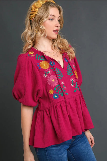 Umgee Full Size Cotton Gauze Floral Embroidery Babydoll Blouse Plus Size - Premium Dresses from Trendsi - Just $55.99! Shop now at Handbags Specialist Headquarter